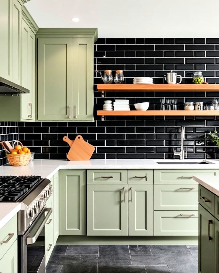 sage green kitchen cabinets with black tiled backsplash