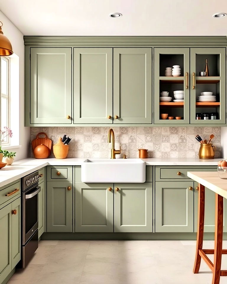 sage green kitchen cabinets with brass hardware