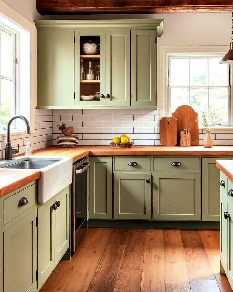 sage green kitchen cabinets with butcher block countertops