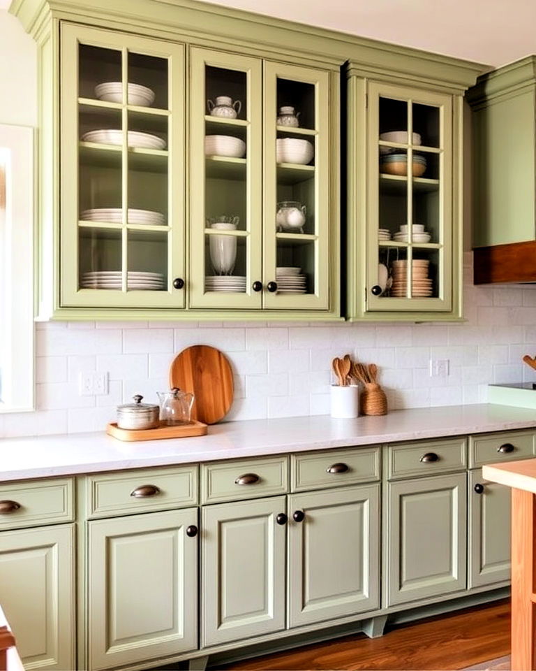 sage green kitchen cabinets with glass fronts