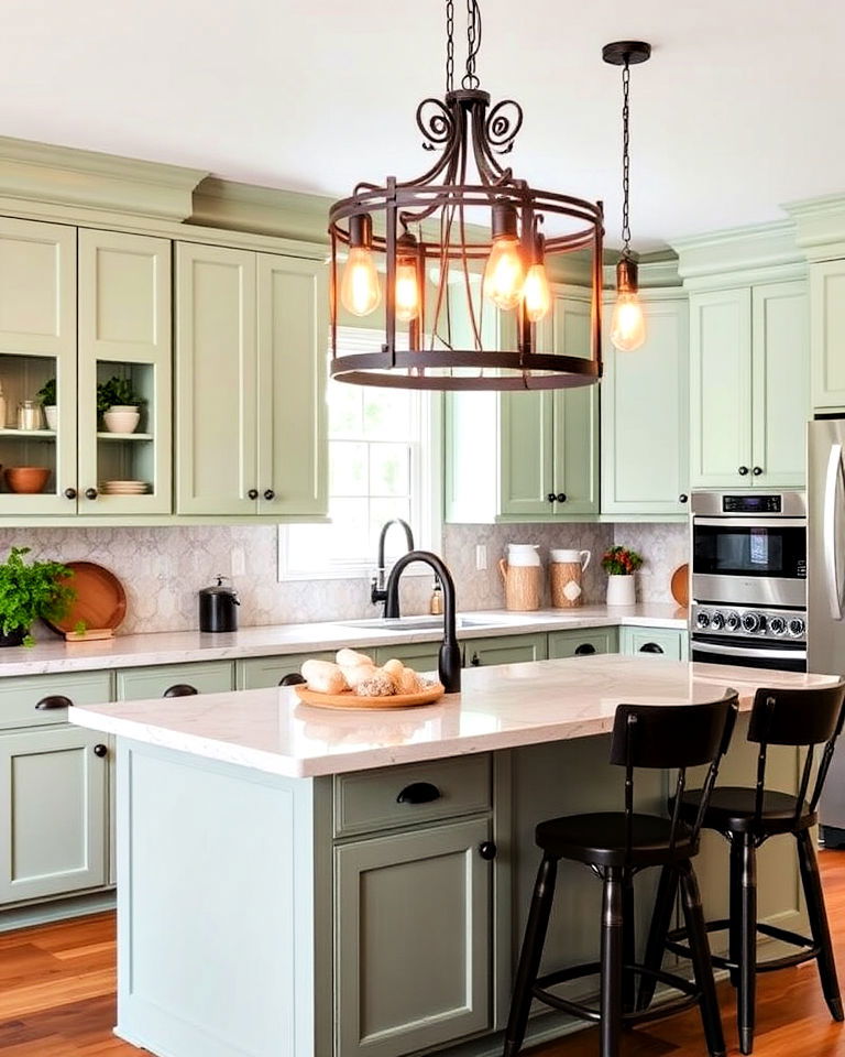 sage green kitchen cabinets with rustic lighting