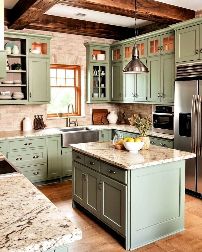 sage green kitchen cabinets with stone countertops
