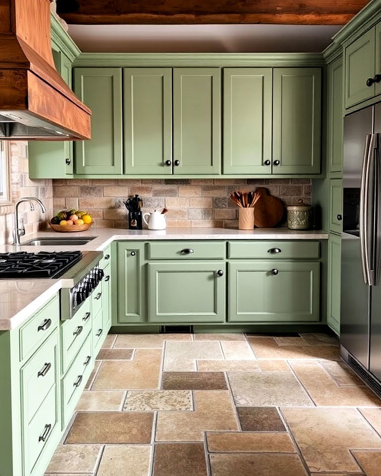 sage green kitchen cabinets with stone floors