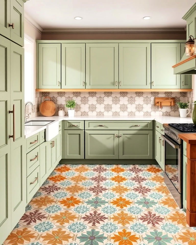 sage green kitchen cabinets with tile accents