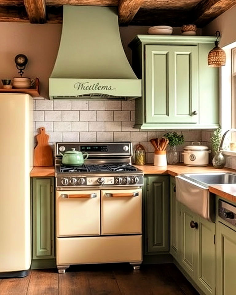 sage green kitchen cabinets with vintage appliances
