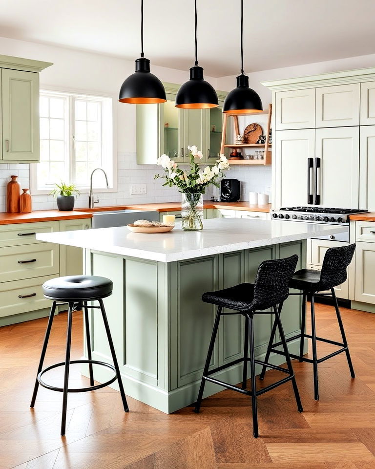 sage green kitchen island with black stools