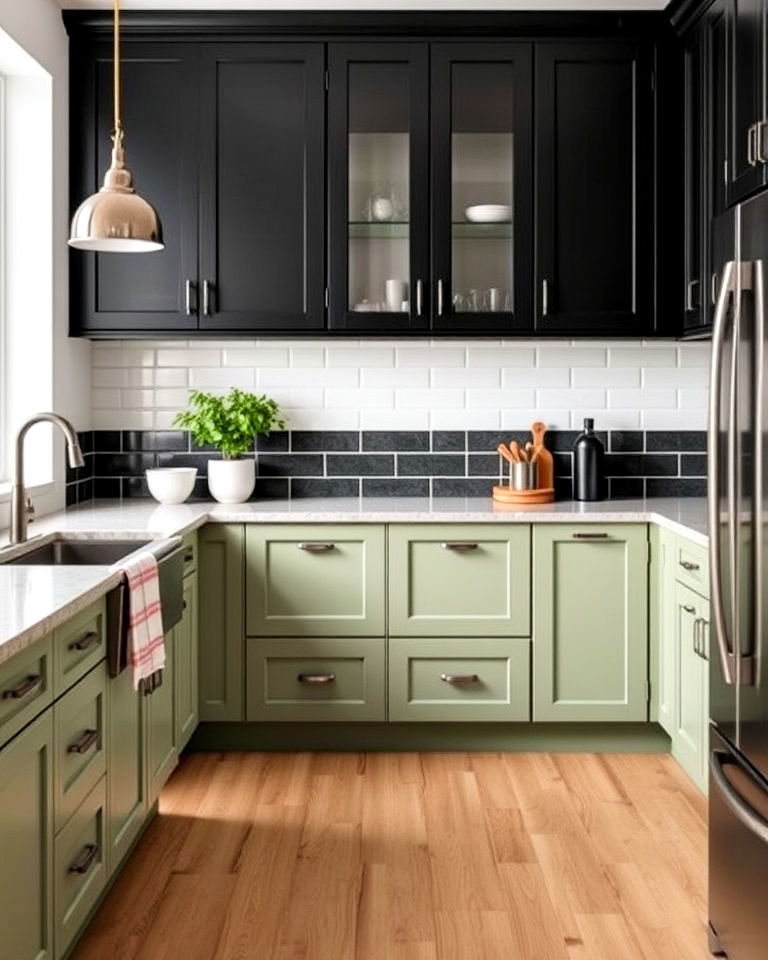 sage green kitchen lower cabinets with black upper cabinets