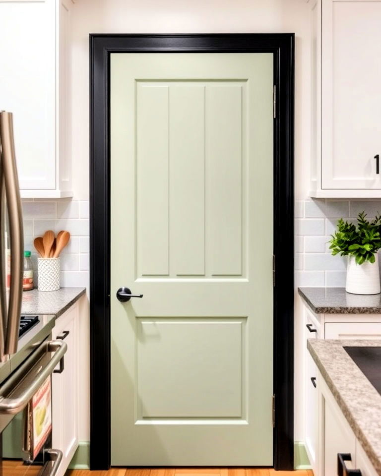 sage green kitchen pantry door with black trim
