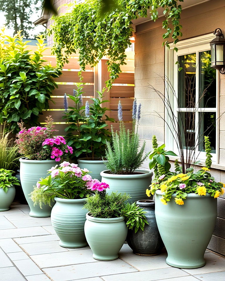 sage green outdoor planters idea