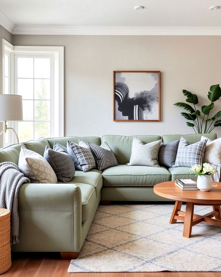 sage green sofa with grey pillows