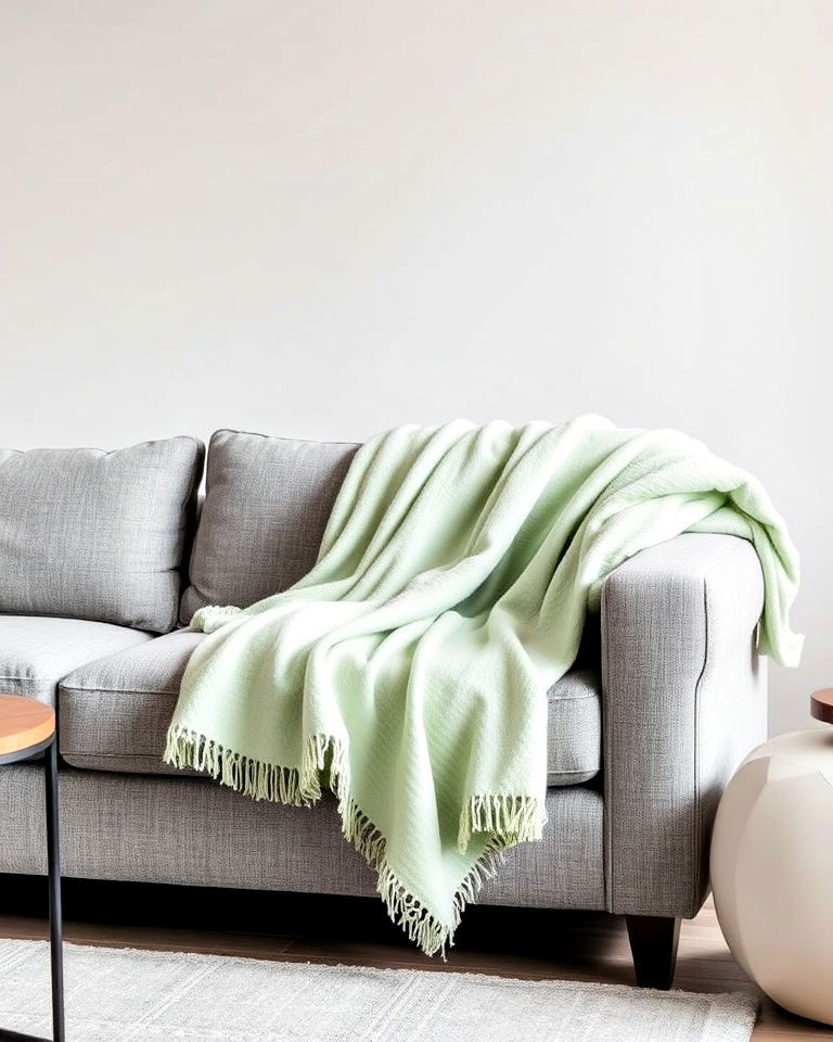 sage green throw with grey sofa