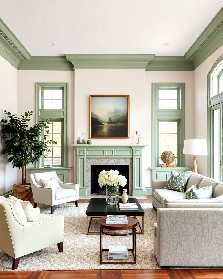 sage green trim and molding for depth