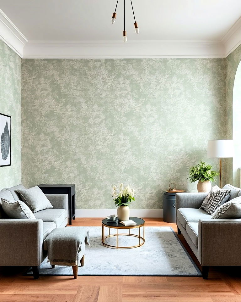 sage green wallpaper with grey furniture for living room