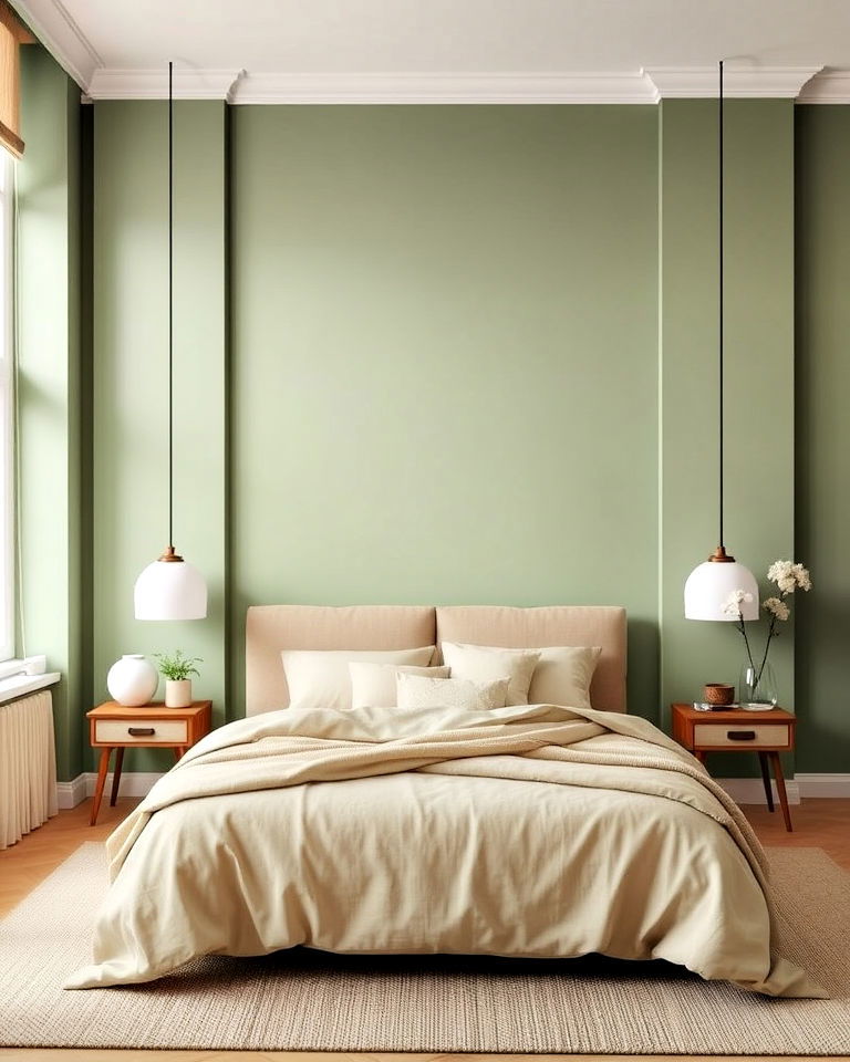 sage green walls with beige accents in the bedroom