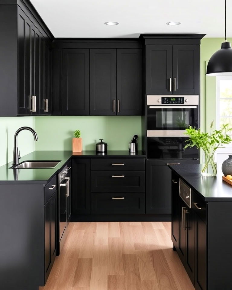 sage green walls with black cabinetry for kitchen