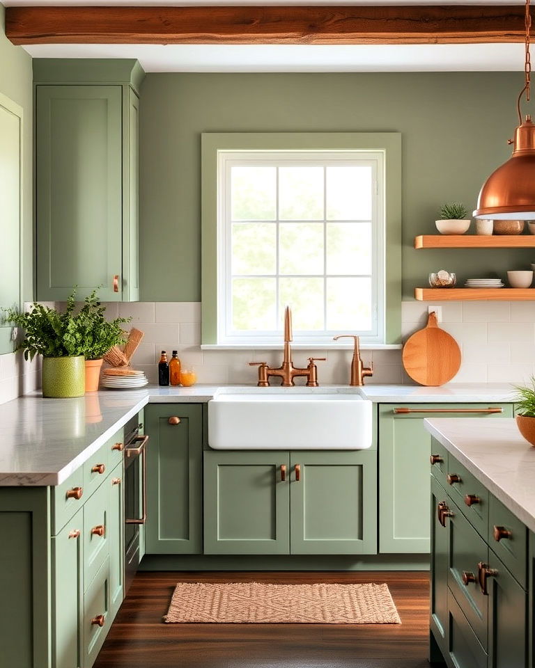 sage green walls with copper fixtures