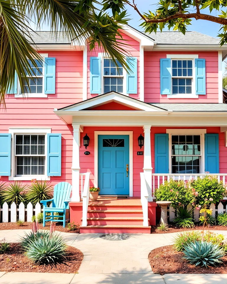 salmon pink house exterior with blue accents