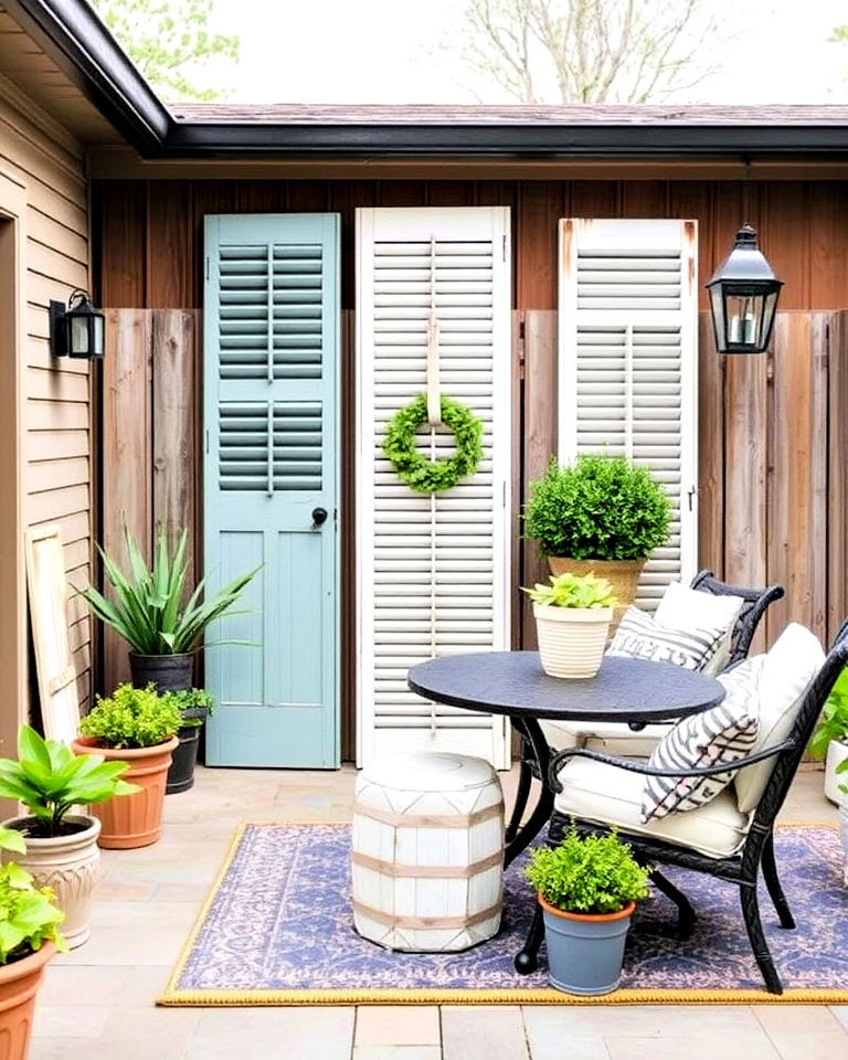 salvaged shutters as a farmhouse patio decor