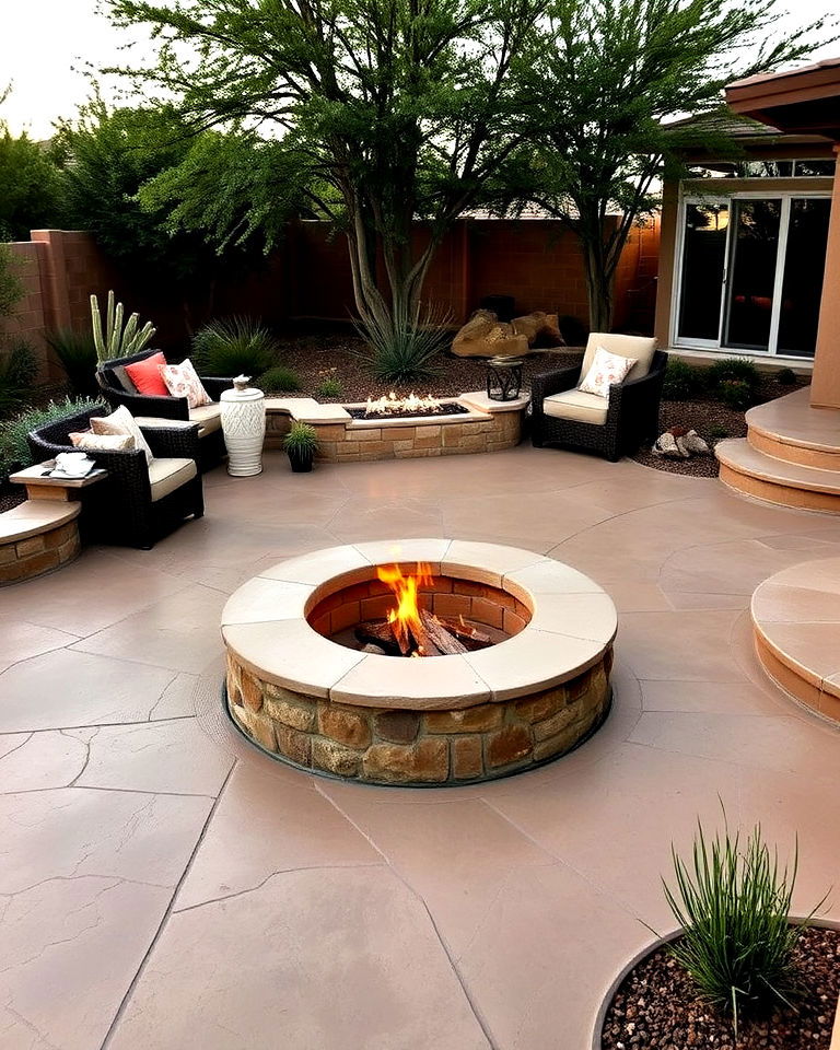 sandstone stamped patio with in ground fire pit