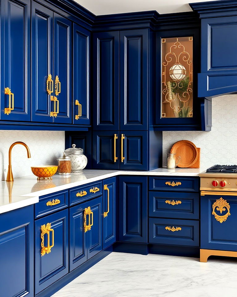 sapphire blue cabinets with ornate gold hardware