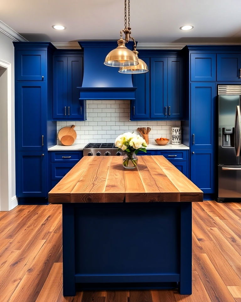 sapphire blue cabinets with reclaimed wood island