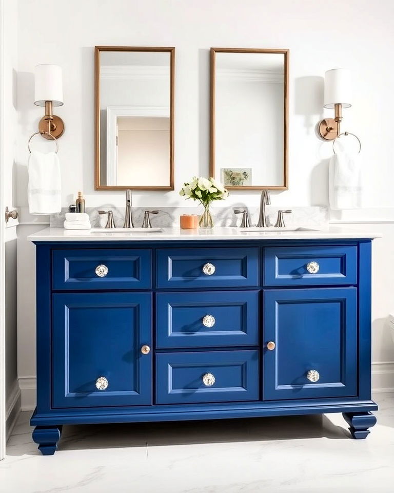 sapphire blue vanity with crystal knobs