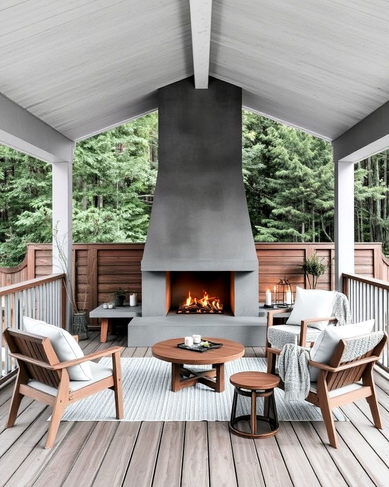 scandinavian deck with concrete fireplace