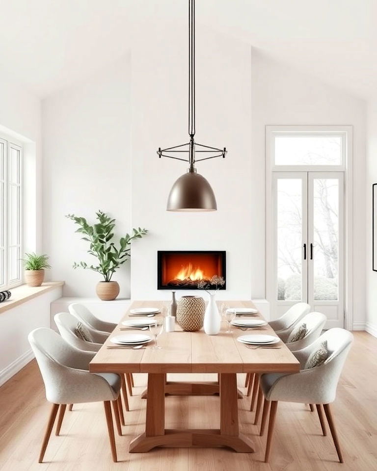 scandinavian dining room with simple fireplace