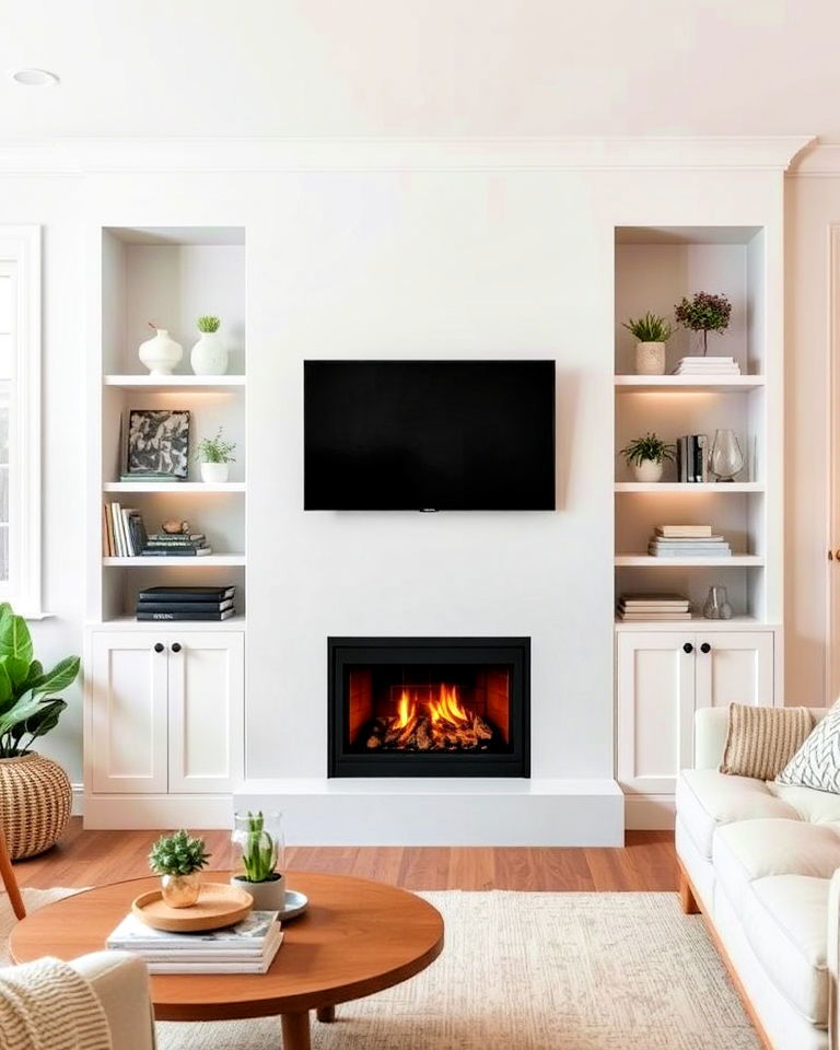 scandinavian fireplace with built in shelving