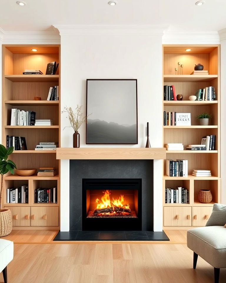 scandinavian fireplace with light wood shelves