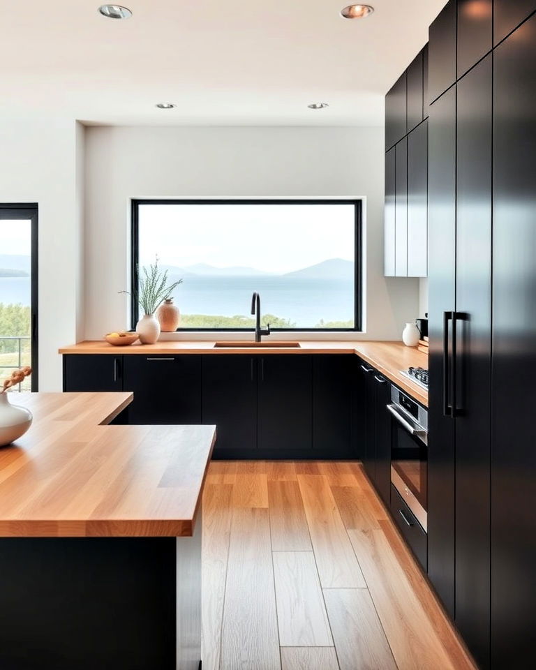 scandinavian inspired black and wood kitchen