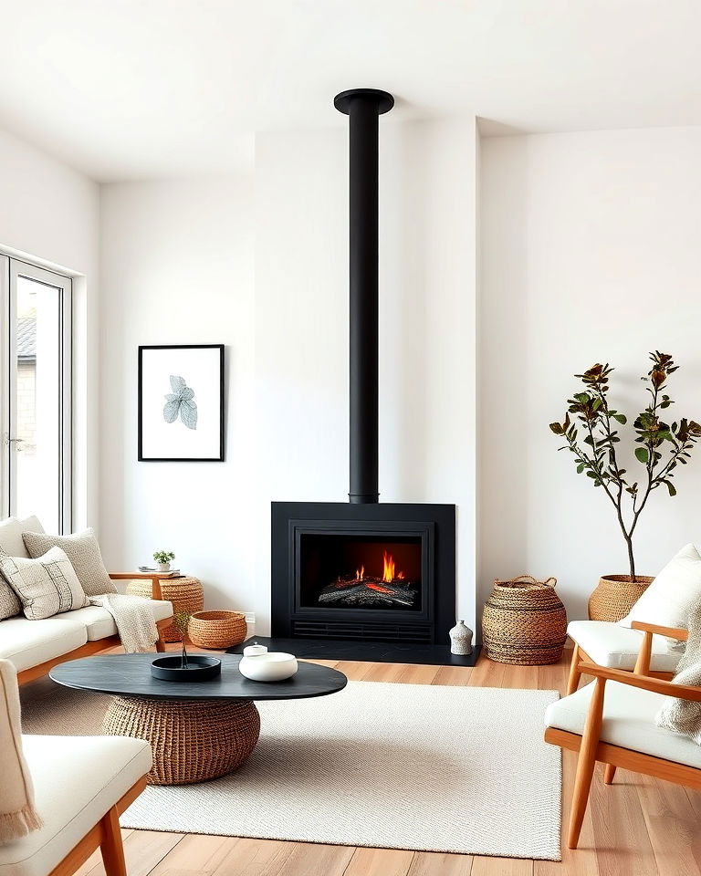 scandinavian inspired black fireplace