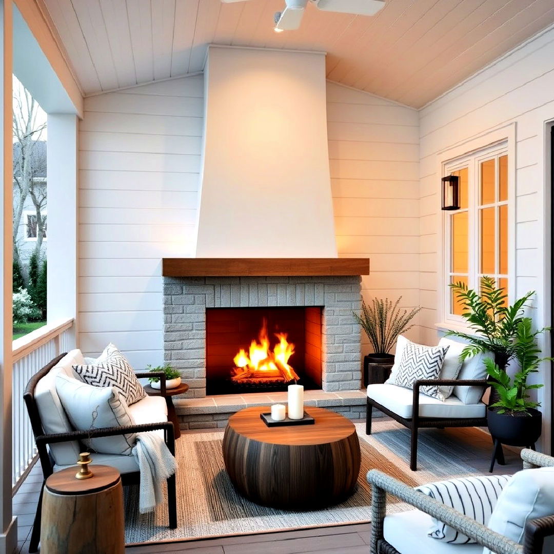 scandinavian inspired cozy porch fireplace