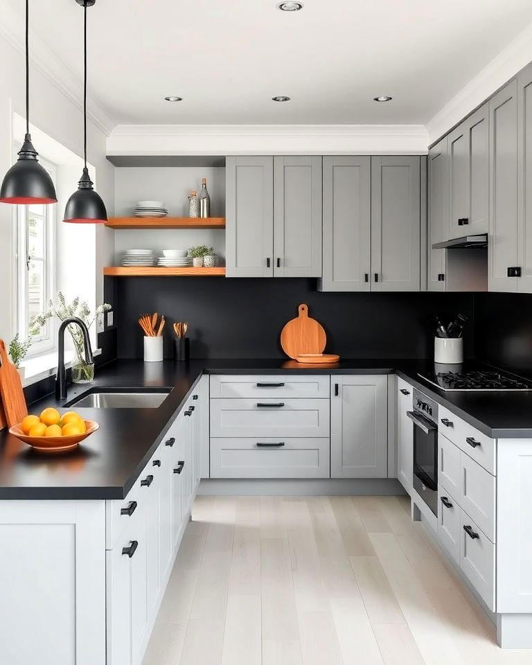 scandinavian inspired gray cabinets with black countertop