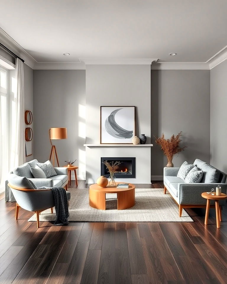 scandinavian inspired grey living room with dark wood floor