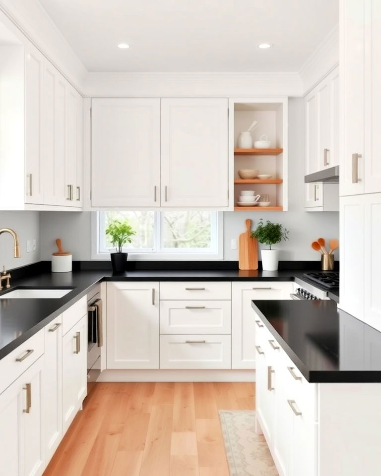scandinavian inspired kitchen with black countertop