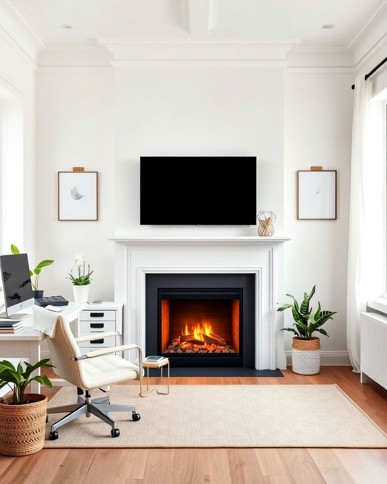 scandinavian inspired office with white fireplace