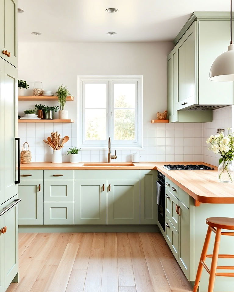 scandinavian inspired sage green cabinets and light butcher block
