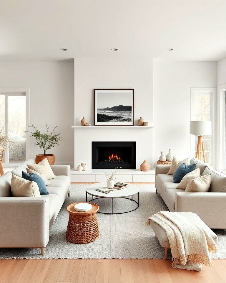 scandinavian inspired sectional with fireplace