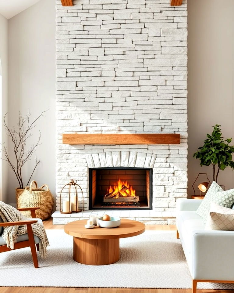 scandinavian inspired stacked stone fireplace