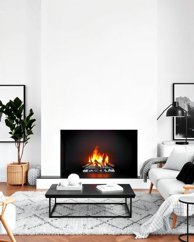 scandinavian inspired white and black fireplace