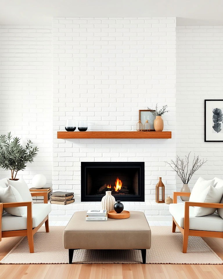 scandinavian inspired white brick fireplace