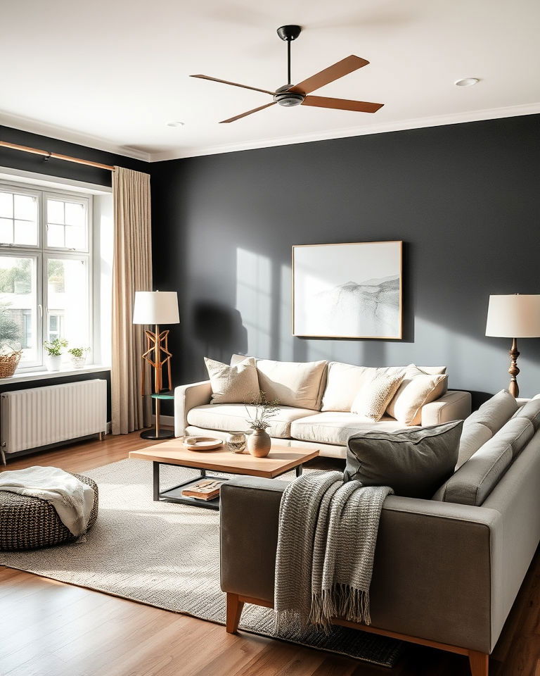 scandinavian living room with grey and light wood