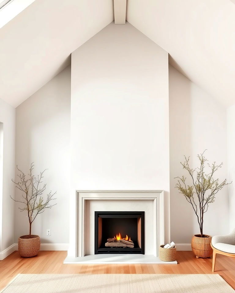 scandinavian minimalist fireplace with vaulted ceilings