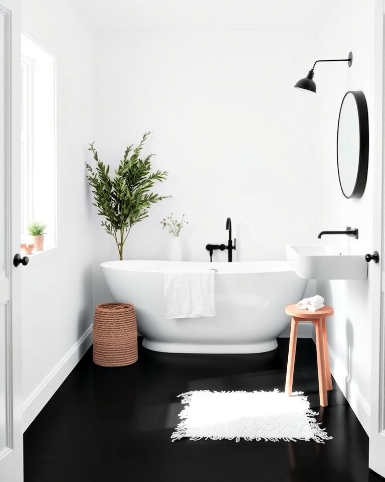 scandinavian simplicity black floor bathroom with white walls