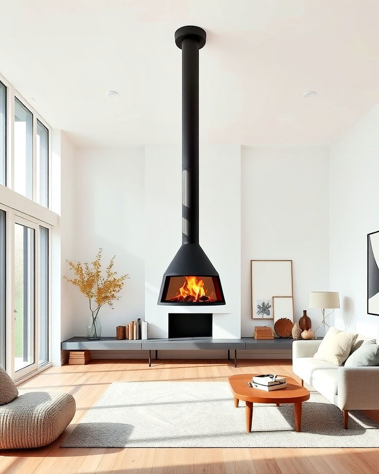 scandinavian style suspended fireplace for a modern look