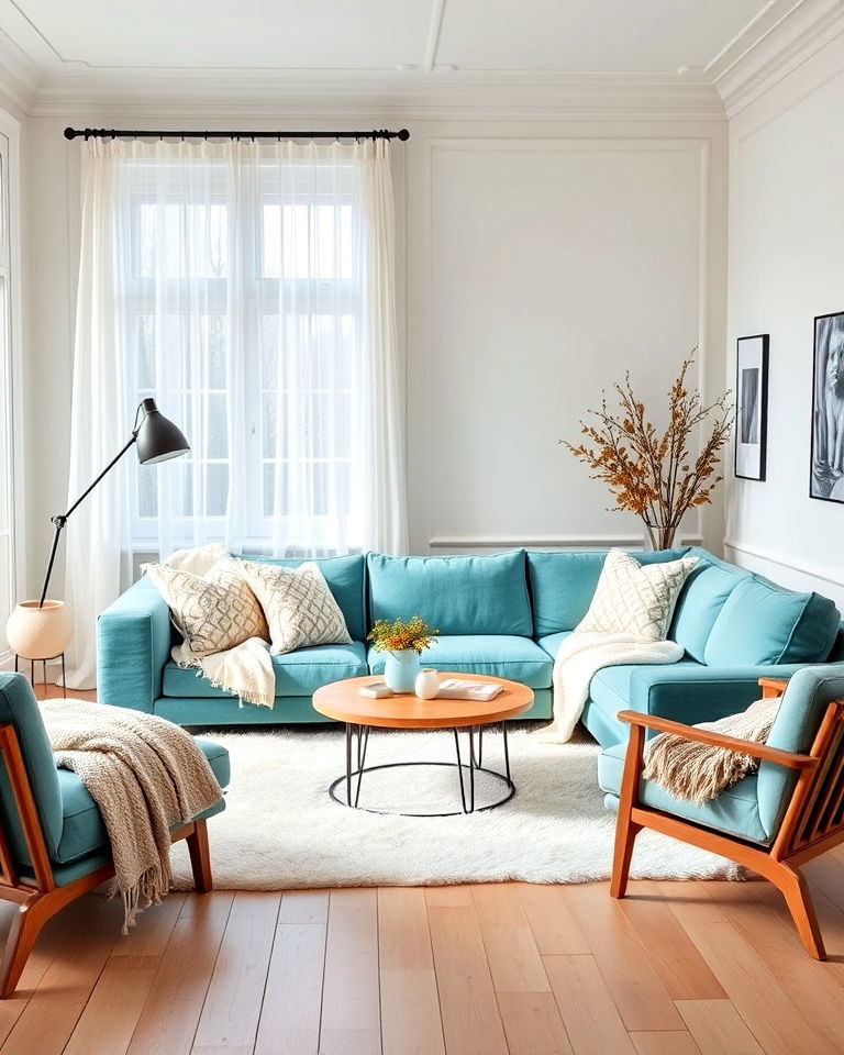 scandinavian teal couch living room