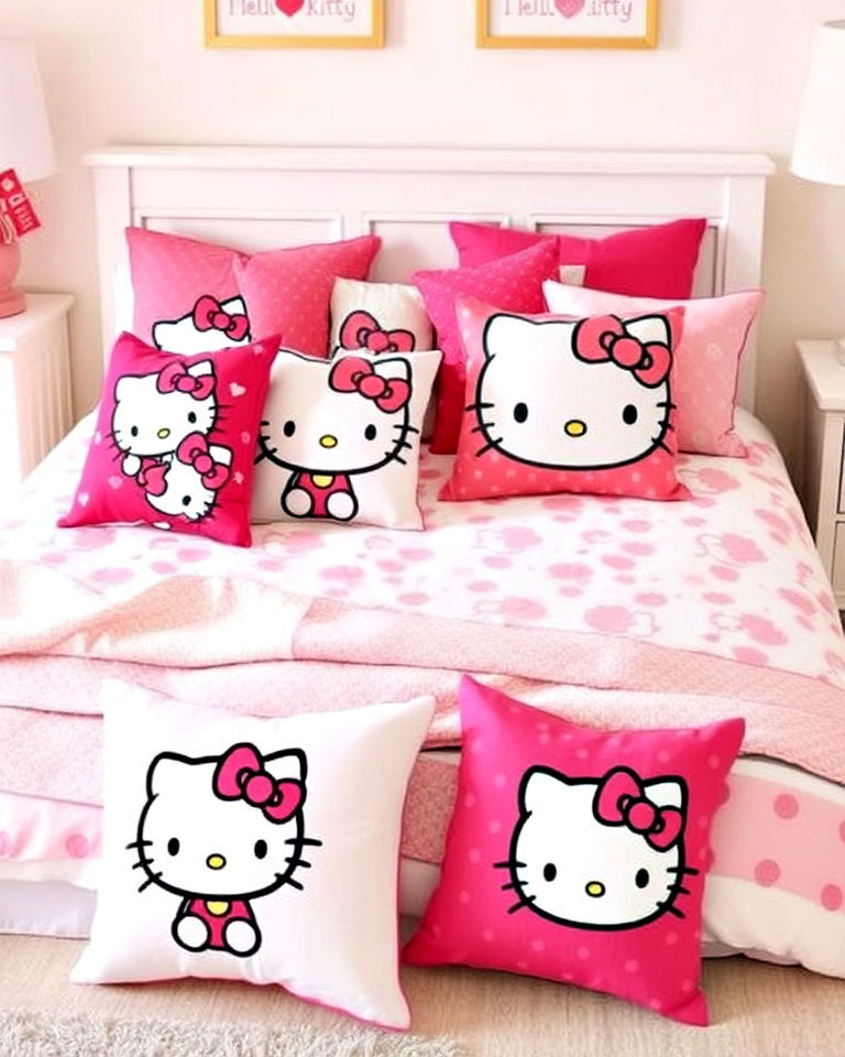 scatter hello kitty throw pillows on the bed