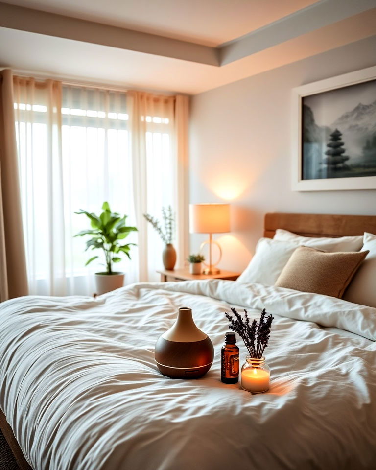 scented candles and essential oils for zen bedroom