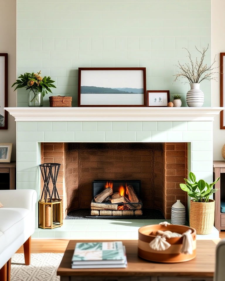 seafoam green tiled hearth for smaller space